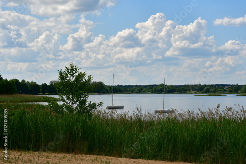 A view of a vast yet shallow river, lake or channel surrounded from all sides with reeds, shrubs and forests with some stone and concrete barriers seen, a small jetty, some boats and a quaint town