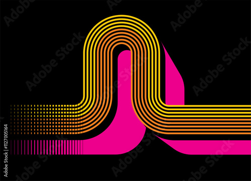 Modern vector background with retro style patterns of colored parallel lines on a black background. Striped design element. Sport pattern. Pink shadow