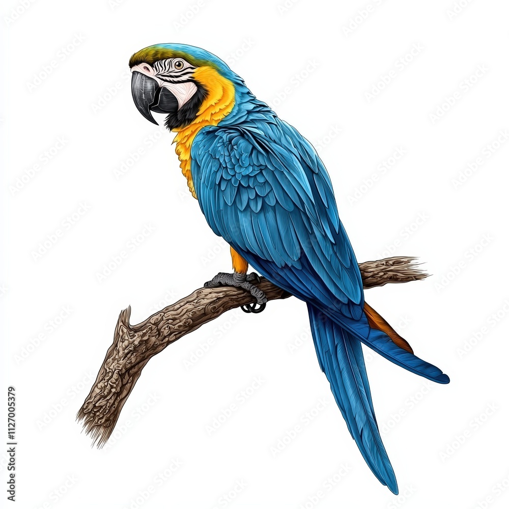 Obraz premium Vibrant Blue and Yellow Macaw Perched Elegantly on a Branch Against a Clean White Background