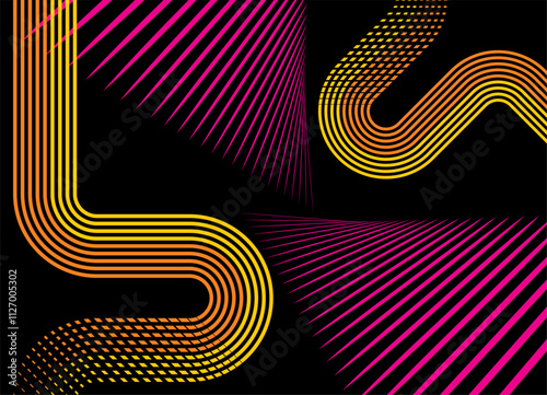 Modern vector background with retro style patterns of colored parallel lines on a black background. Striped design element.