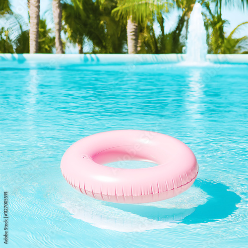 A pink inflatable pool ring floating in a bright blue swimming pool, symbolizing summer relaxation and leisure with vibrant tropical vibes. photo