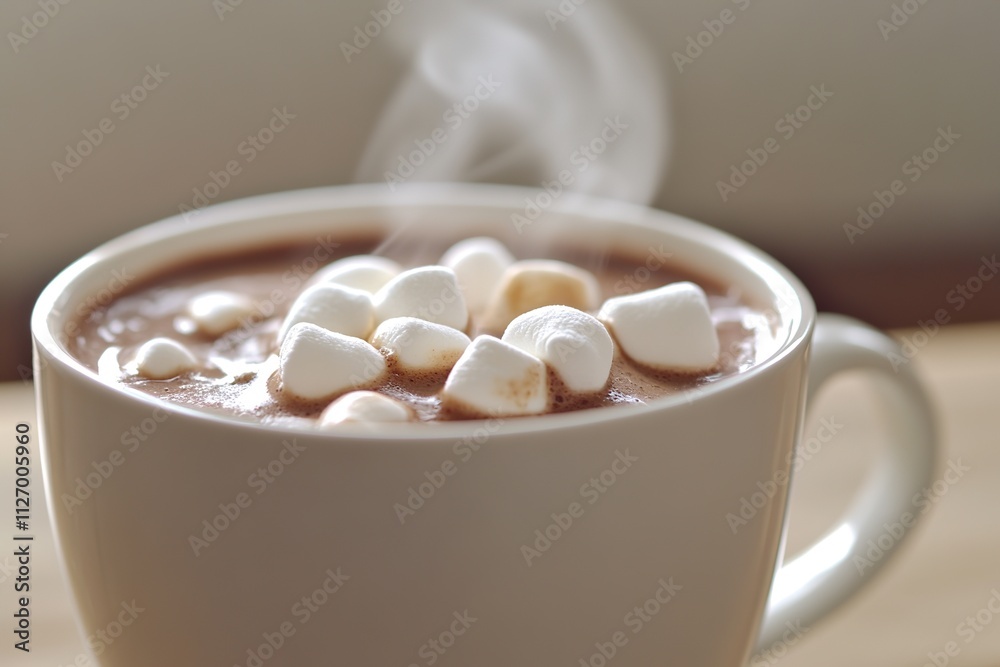 Steamy hot chocolate with marshmallows in white mug Steamy hot chocolate with marshmallows in white mug