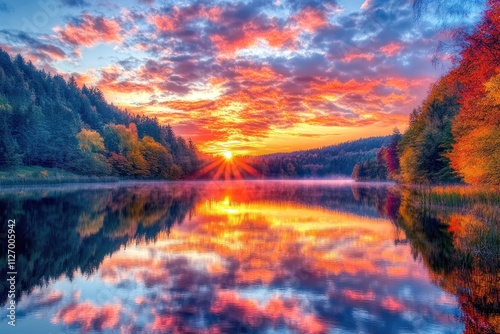 A vibrant sunset over a tranquil lake, reflecting colorful clouds and surrounding trees.