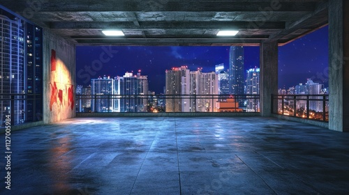A vacant, modern interior with a city skyline view at night.
