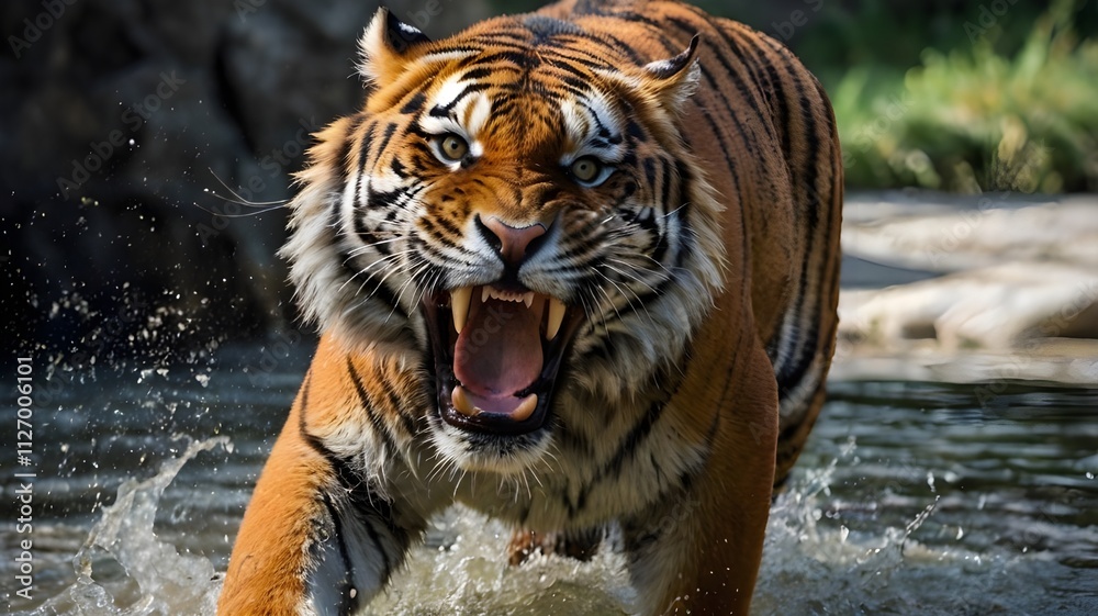 roaring tiger in action at a water stream
