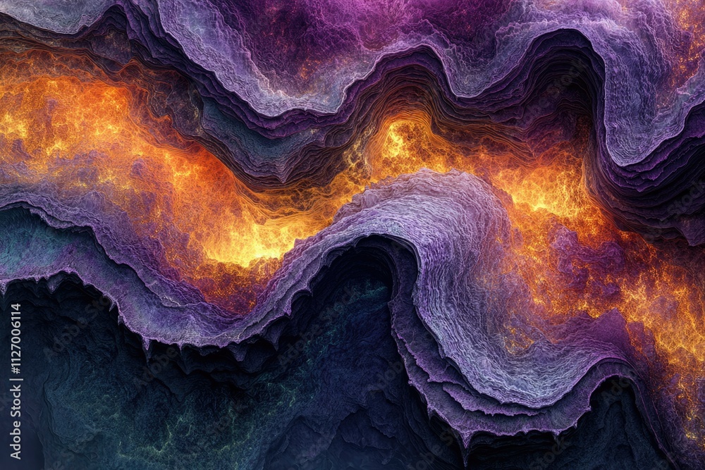 Obraz premium Abstract fractal art depicting layered, undulating forms with fiery orange and purple hues.