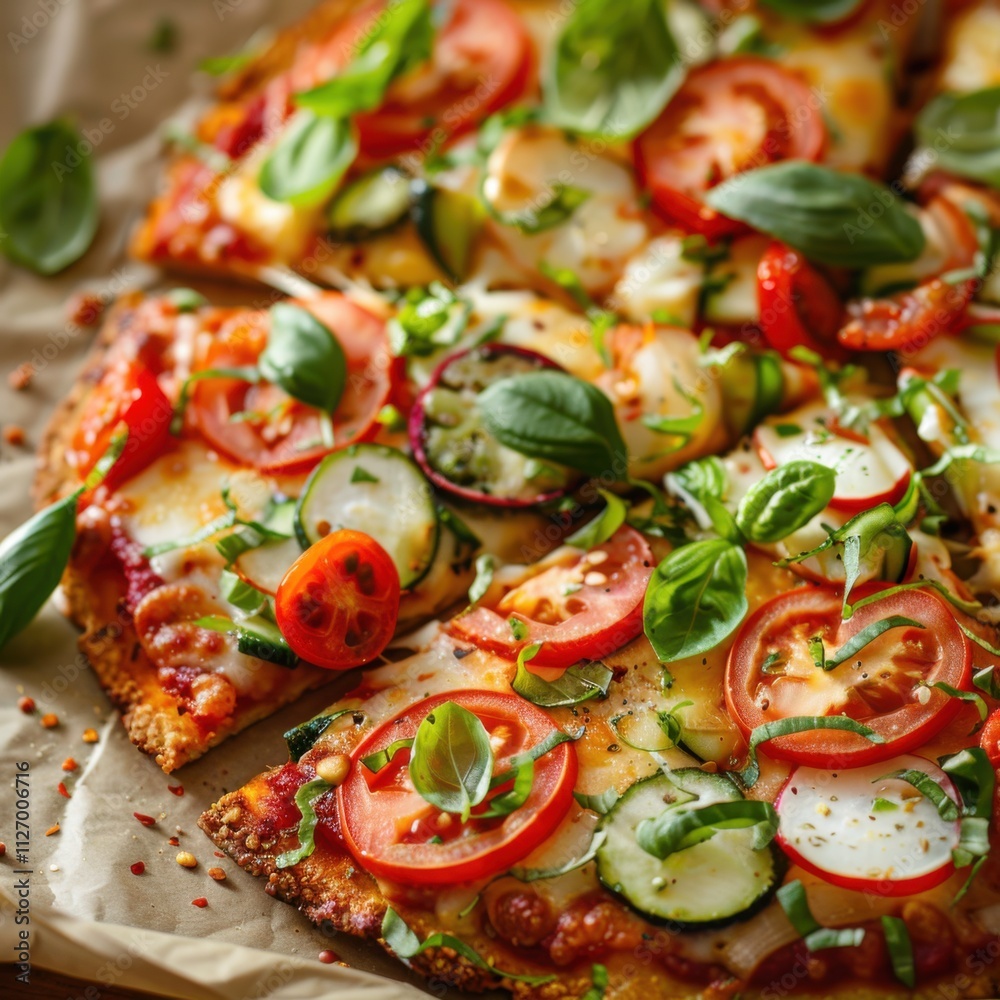 A detailed shot of gluten-free pizza. featuring a crispy crust topped with fresh vegetables and cheese. promoting delicious and safe gluten-free dining. Ideal for recipe websites A detailed shot of gluten-free pizza. featuring a crispy crust topped with fresh vegetables and cheese. promoting delicious and safe gluten-free dining. Ideal for recipe websites