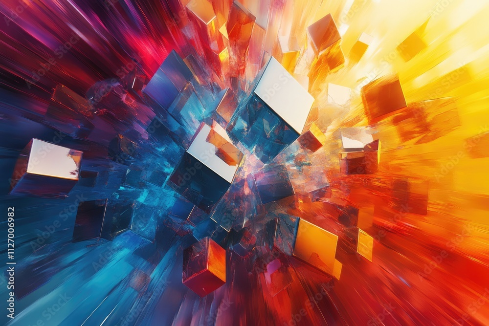Abstract art depicting a vibrant explosion of colorful, metallic cubes in motion. Abstract art depicting a vibrant explosion of colorful, metallic cubes in motion.