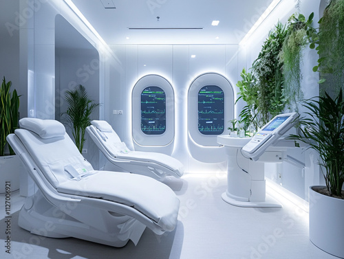 High-tech mental health therapy room with advanced monitoring and calming design elements photo