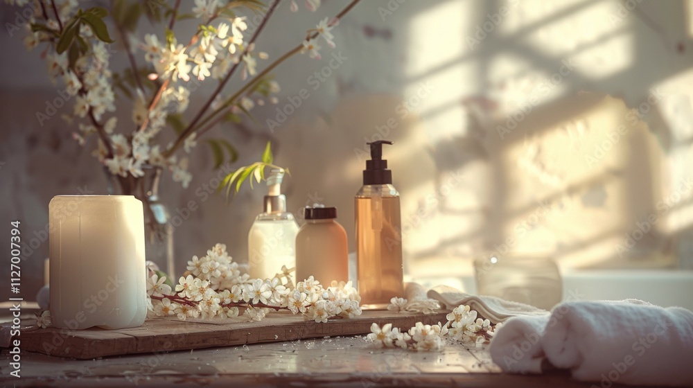 Fototapeta premium Luxurious bathroom arrangement with flowers and toiletries