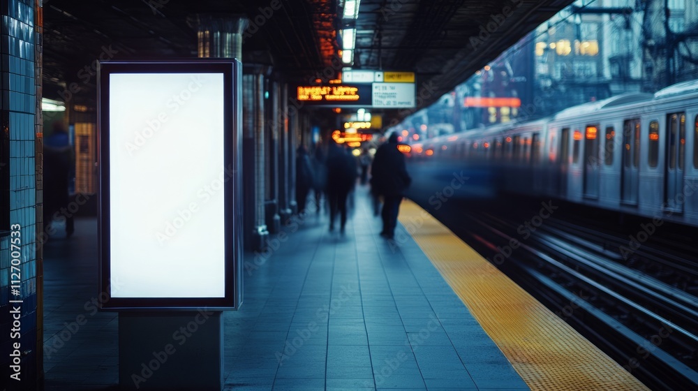 Blank billboard at a subway station with blurred commuters and train. Blank billboard at a subway station with blurred commuters and train.