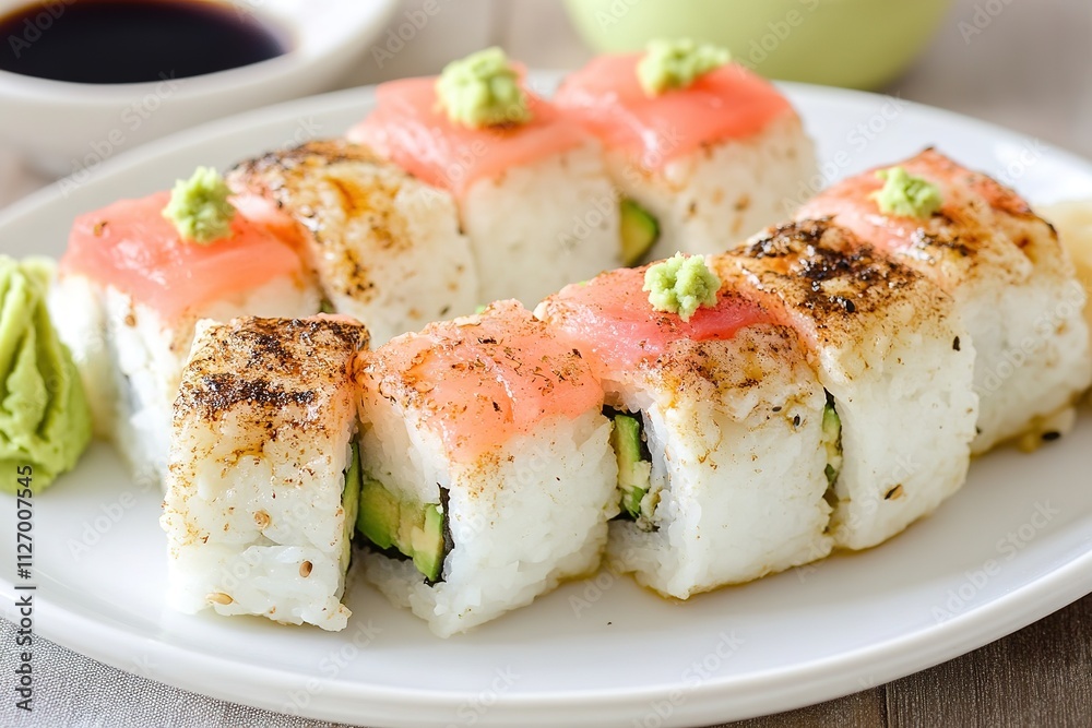 Delicious sushi rolls on white plate with wasabi Delicious sushi rolls on white plate with wasabi