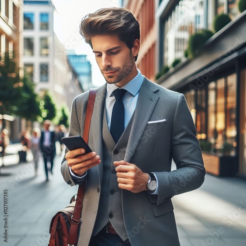 Manager walking down a sidewalk checking his phone in a commerci photo