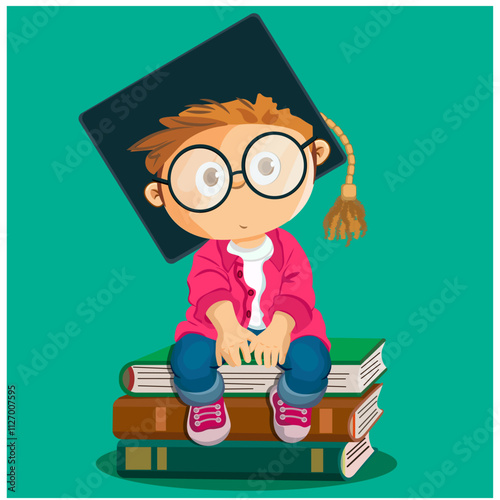 Smart little boy sitting on books on green background