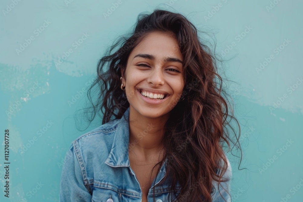 Portrait of a grinning indian woman in her 30s sporting a rugged denim jacket while standing against pastel teal background Portrait of a grinning indian woman in her 30s sporting a rugged denim jacket while standing against pastel teal background