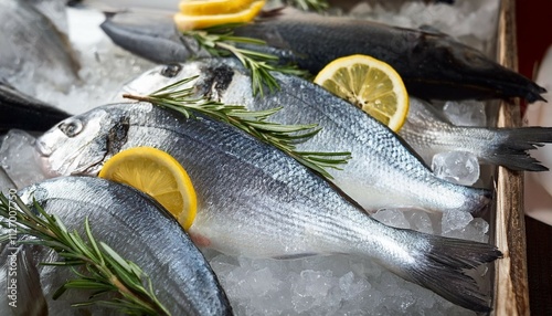 freshly caught fish on ice garnished with lemon and rosemary ready for sale at the market photo