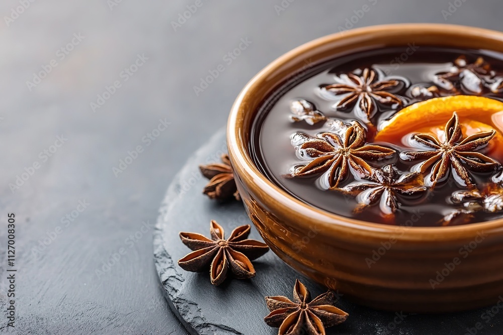 Bowl of mulled wine with spices and orange slice Bowl of mulled wine with spices and orange slice