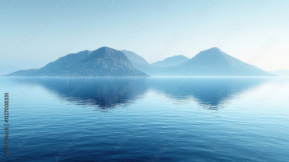 Tranquil Seascape with Reflective Water and Soft Mountain Silhouettes in Foggy Atmosphere Tranquil Seascape with Reflective Water and Soft Mountain Silhouettes in Foggy Atmosphere