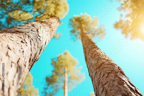 Looking up at tall pine trees under a bright blue sky, capturing the grandeur and tranquility of nature. Perfect for forest and outdoor themes. photo