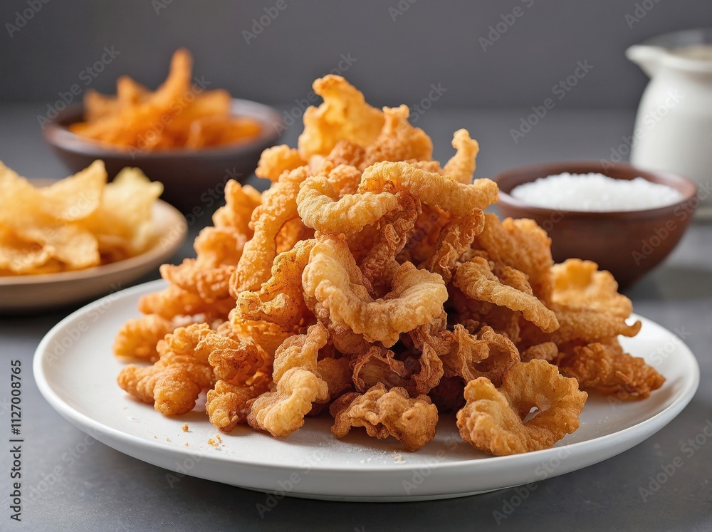 A small, clean white ceramic plate featuring a few golden, crispy chicharrones A small, clean white ceramic plate featuring a few golden, crispy chicharrones