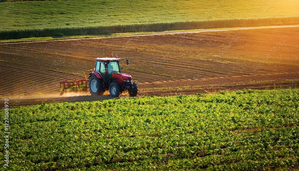 red tractor driving on lush green rows of farmland under warm sunlight red tractor driving on lush green rows of farmland under warm sunlight