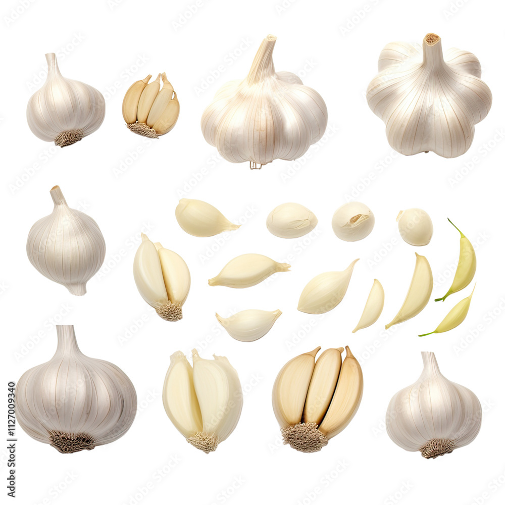 collection of garlic and cloves on white background collection of garlic and cloves on white background