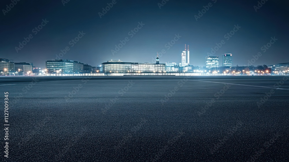 Fototapeta premium Nighttime cityscape with illuminated buildings and a dark foreground.