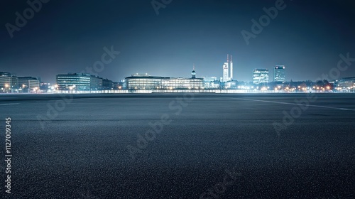 Nighttime cityscape with illuminated buildings and a dark foreground.