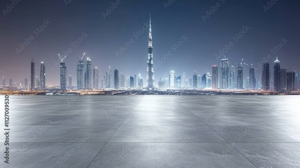 Fototapeta premium Night skyline of a modern city featuring a prominent skyscraper and illuminated buildings.