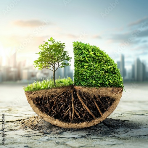 The pie chart displays the percentage of lush greenery in various cities, highlighting the potential impact of environmental sustainability efforts on combatting climate change and global warming.
