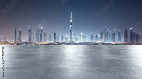 Night skyline of a modern city featuring a prominent skyscraper and illuminated buildings.