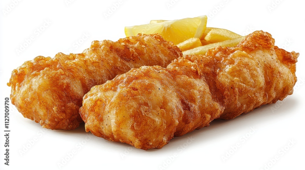 Crispy Golden Fried Fish Fillets with Fresh Lemon Slices and French Fries on White Background