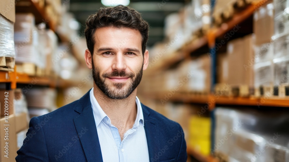 A man in a suit smiles confidently in a warehouse filled with boxes, conveying professionalism and a positive work environment.