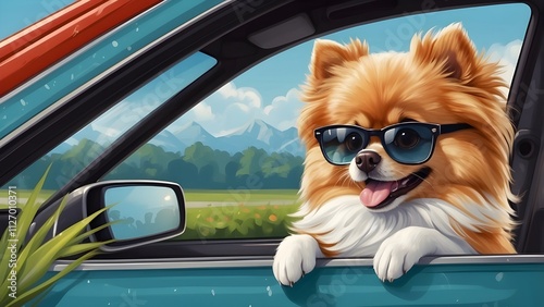 Lindo perrito pomerania blanco feliz con gafas de sol, con su cabeza al viento en un coche en marcha. Ilustración de IA Generativa photo