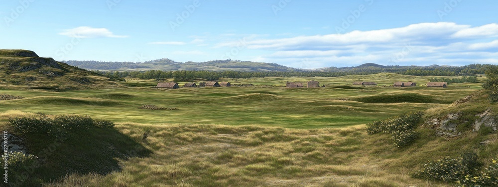 A serene landscape featuring rolling hills and distant villages under a clear sky. A serene landscape featuring rolling hills and distant villages under a clear sky.