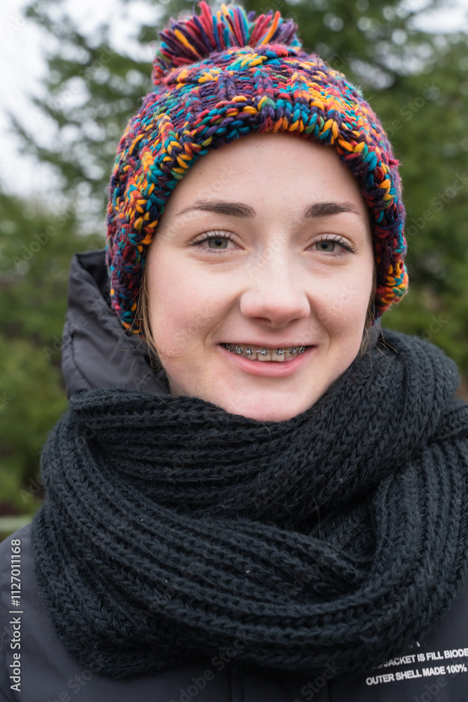 Portrait of young girl with braces outdoor at winter Portrait of young girl with braces outdoor at winter