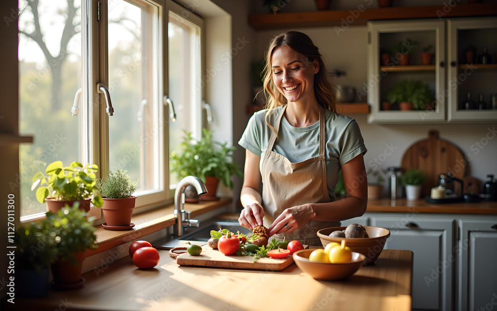 Woman Preparing Salad in a Cozy Kitchen Woman Preparing Salad in a Cozy Kitchen