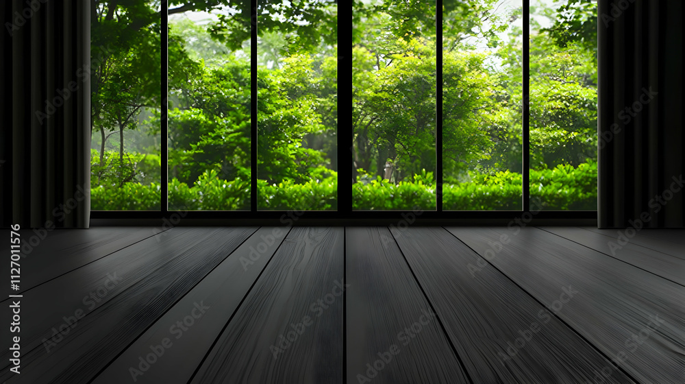 Dark Wood Floor 3D Render Lush Greenery View