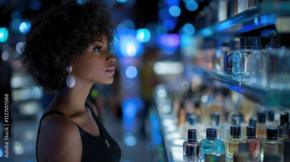 A woman gazes thoughtfully at a display of perfumes in a beautifully lit store. A woman gazes thoughtfully at a display of perfumes in a beautifully lit store.