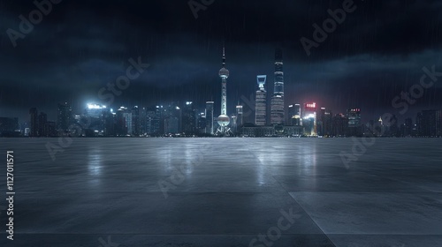 A nighttime cityscape of Shanghai with skyscrapers under a rainy sky.