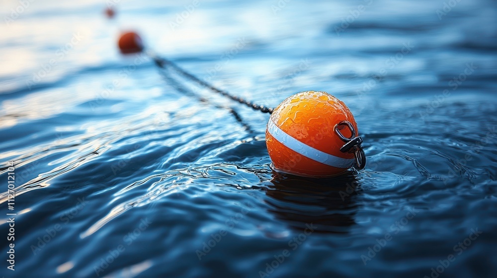 Bright Orange Buoy Floating on Calm Water Surface with Gentle Ripples and Chain Bright Orange Buoy Floating on Calm Water Surface with Gentle Ripples and Chain