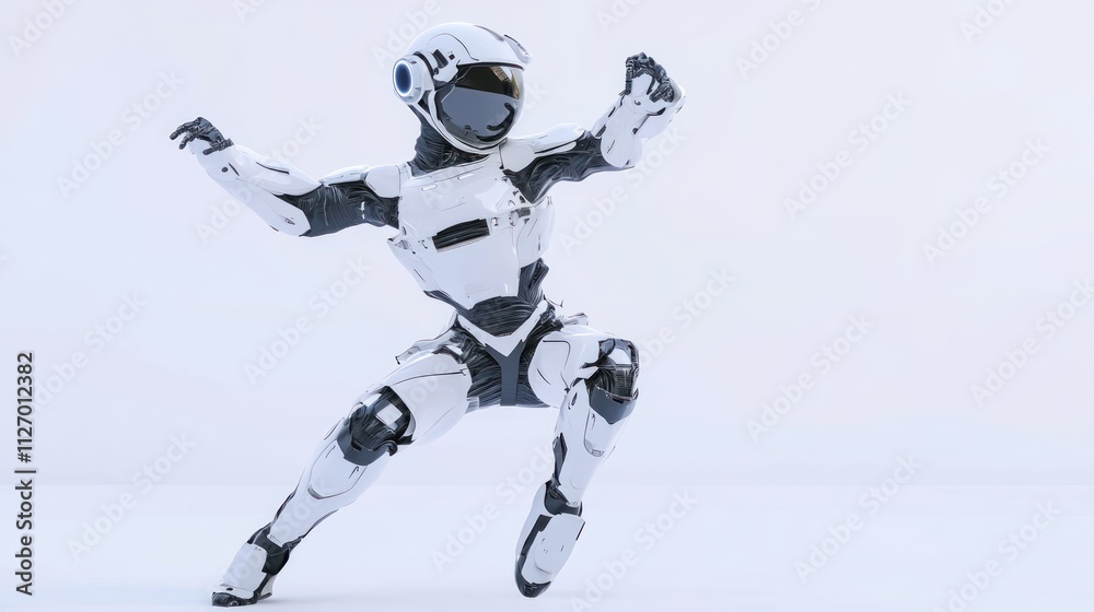 A humanoid robot in a dynamic pose, showcasing advanced robotics and design. A humanoid robot in a dynamic pose, showcasing advanced robotics and design.