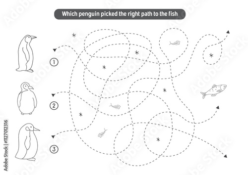 Labyrinth, Maze game for children. Logical puzzle for kids. Quest to find the right path for a penguin to fish. Vector illustration A4 - ready to print format.