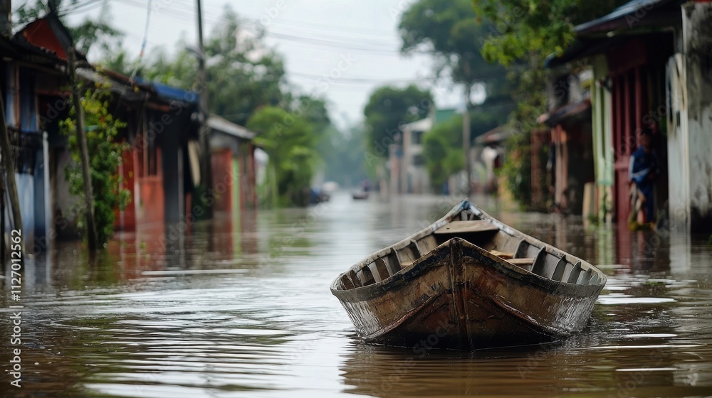 Fototapeta premium Flooded Streets with a Wooden Boat in the Foreground Surrounded by Submerged Houses and Lush Greenery, Capturing the Essence of Natural Disasters and Urban Resilience