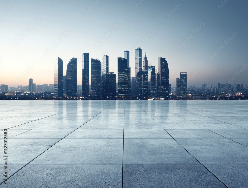 A modern city skyline at dawn with a clear floor in the foreground. A modern city skyline at dawn with a clear floor in the foreground.