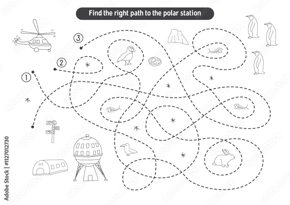 Obraz premium Labyrinth, Maze game for children. Logical puzzle for kids. Quest to find the right path for a helicopter to polar station. Vector illustration.