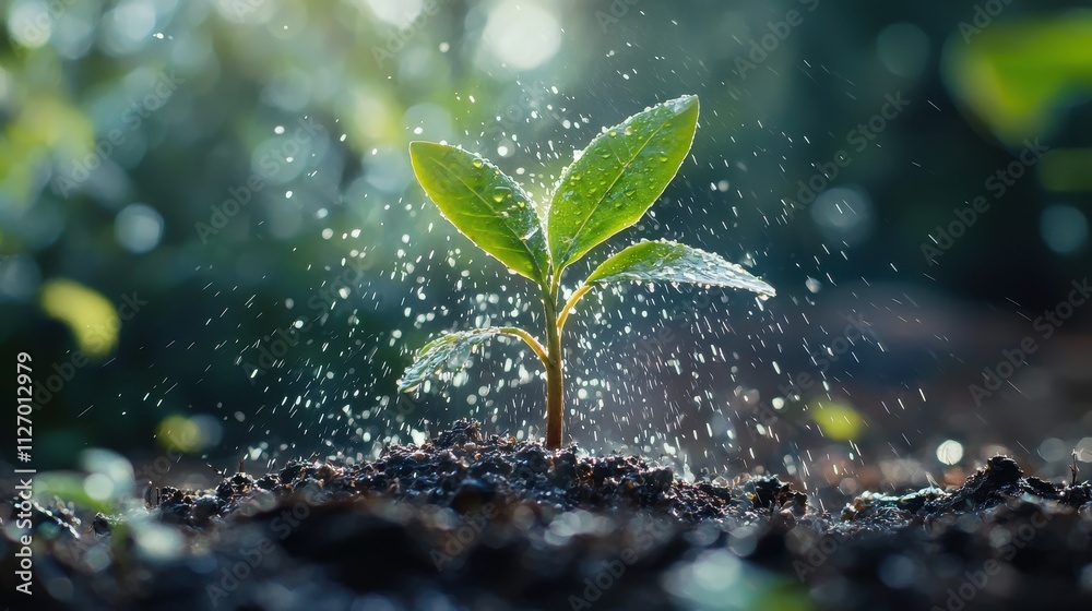 A Delicate Seedling Emerging from Rich Soil Surrounded by Glimmering Water Droplets in a Lush Green Environment, Symbolizing Growth and Renewal in Nature A Delicate Seedling Emerging from Rich Soil Surrounded by Glimmering Water Droplets in a Lush Green Environment, Symbolizing Growth and Renewal in Nature