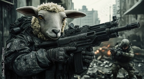 A surreal scene featuring a sheep in military gear wielding a weapon in a war-torn environment. photo