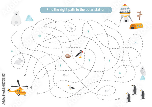 Labyrinth, Maze game for children. Logical puzzle for kids. Quest to find the right path for a helicopter to polar station. Vector illustration.