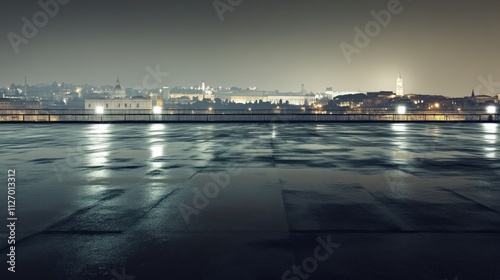 Nighttime cityscape with reflections on wet surface, showcasing urban architecture.